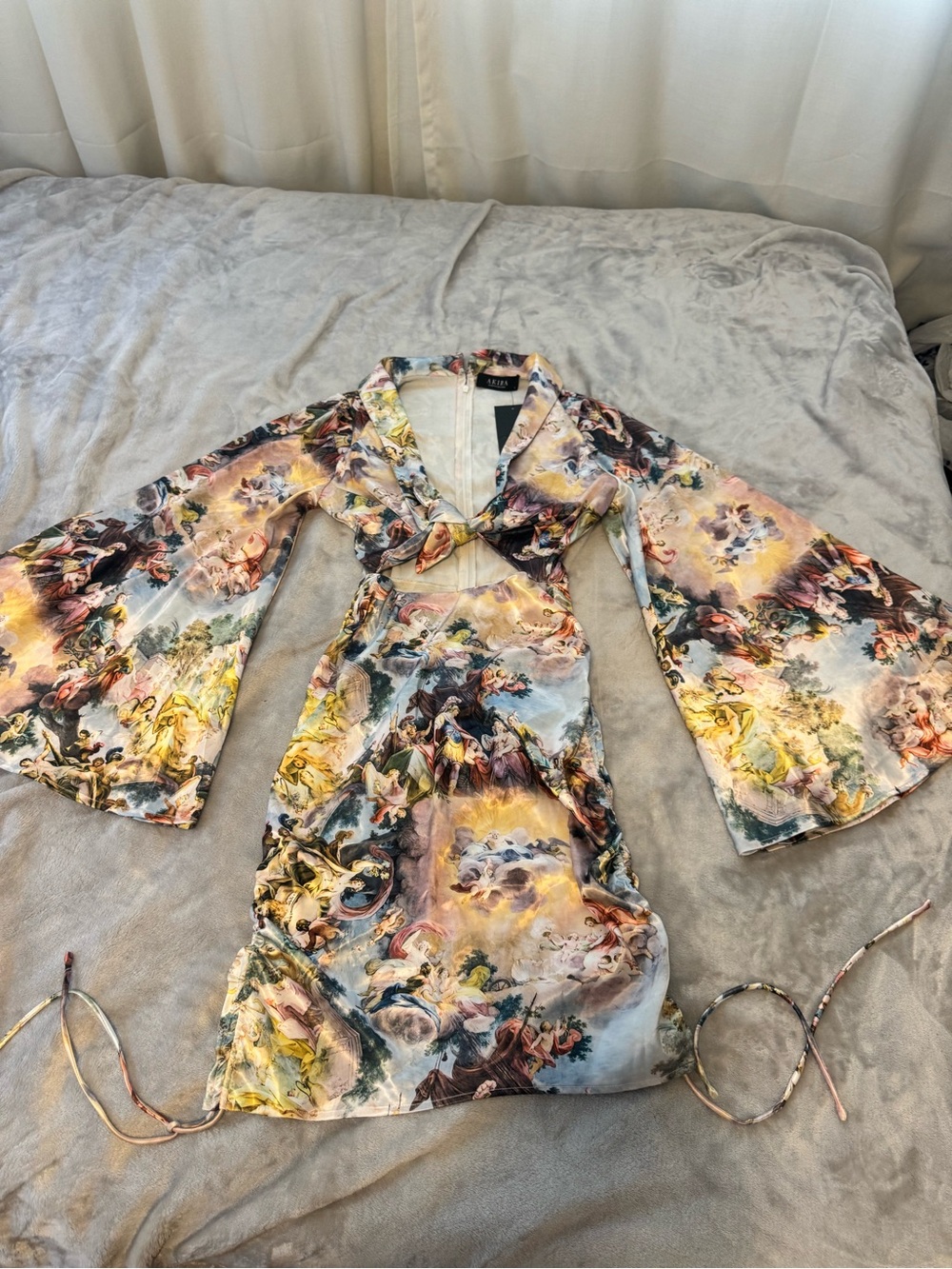 AKIRA Renaissance Print Cutout Mini Dress Bell Sleeves Size S